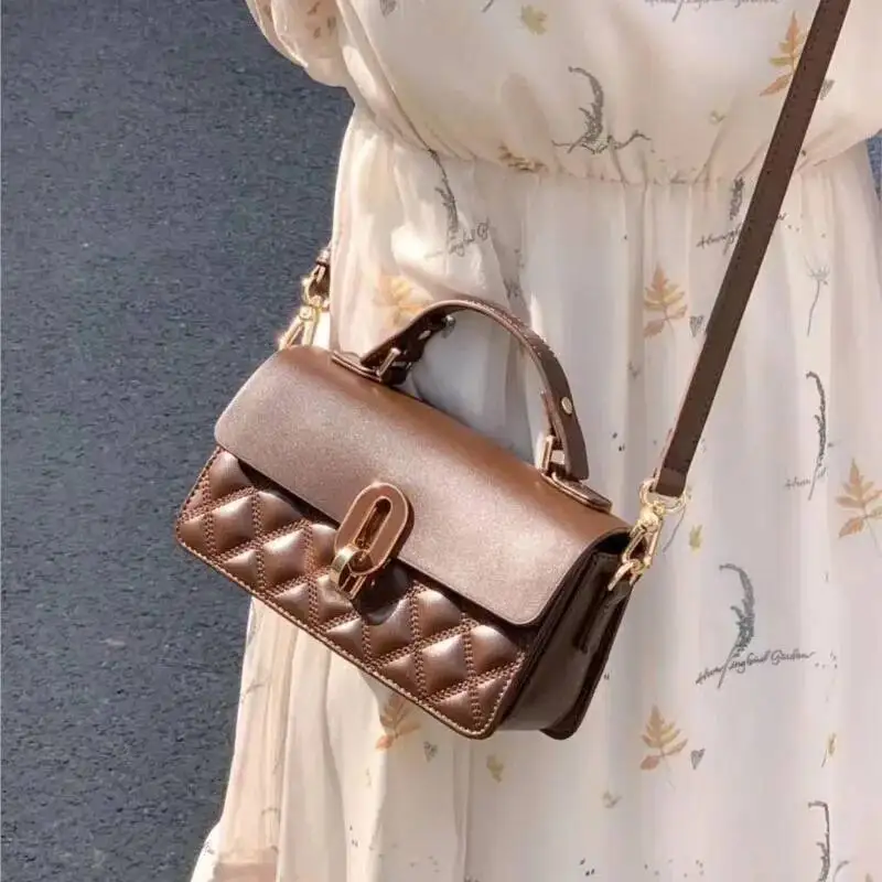 Bloom Vintage Coffee Handbag Women High Street Leather Handle Chic Messenger Bag Ladies Retro Casual Crossbody Bags Aesthetic