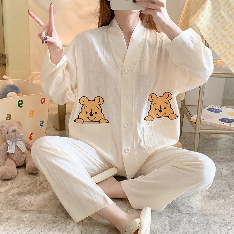 Disney Winnie the Pooh autumn new pajamas women\'s long-sleeved trousers cute Winnie the Pooh cartoon loungewear set