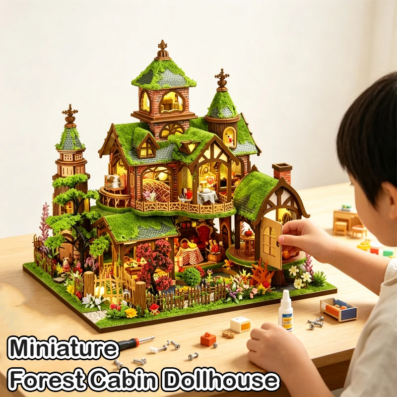 Miniature Doll House Forest Cabin Handmade 3D Puzzle DIY Assembly Model Kit Dollhouse With Furniture Lighting Wooden Crafts Gift
