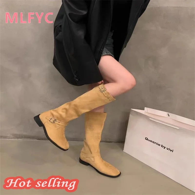 

Thick Heel Khaki Mid Sleeve Knight Boots Women's Boots Spring and Autumn 2023 New Vintage Suede Long Sleeve Boots