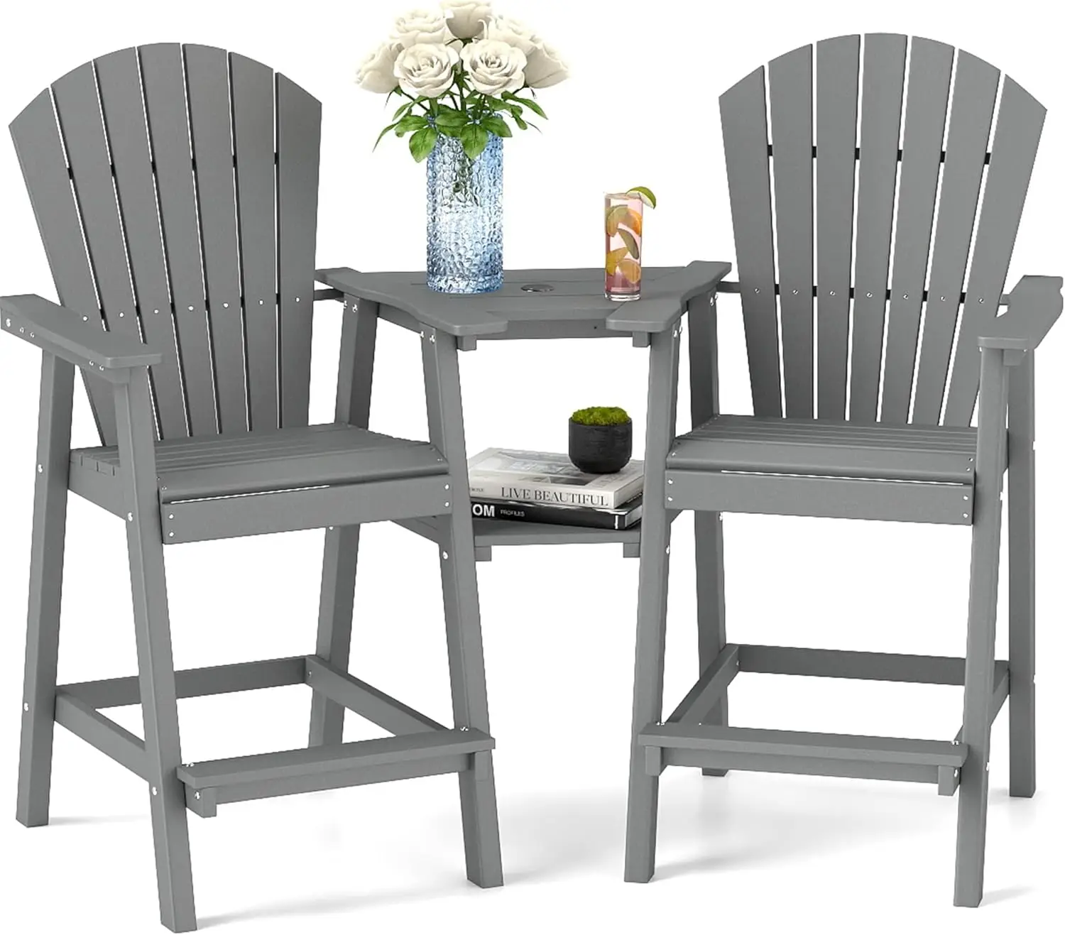 Outdoor Grey Adirondack Chair , Recycled Poly , Set of 2 , Tall, Weather Resistant, Double Connecting Tray