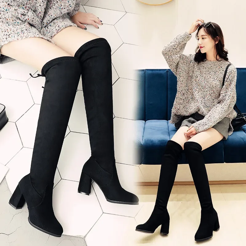 Stretch Long Faux Suede Boots Women Over-the-knee Boots Casual Black Sexy Nightclub Platform Shoes for Women Autumn Women Bottes