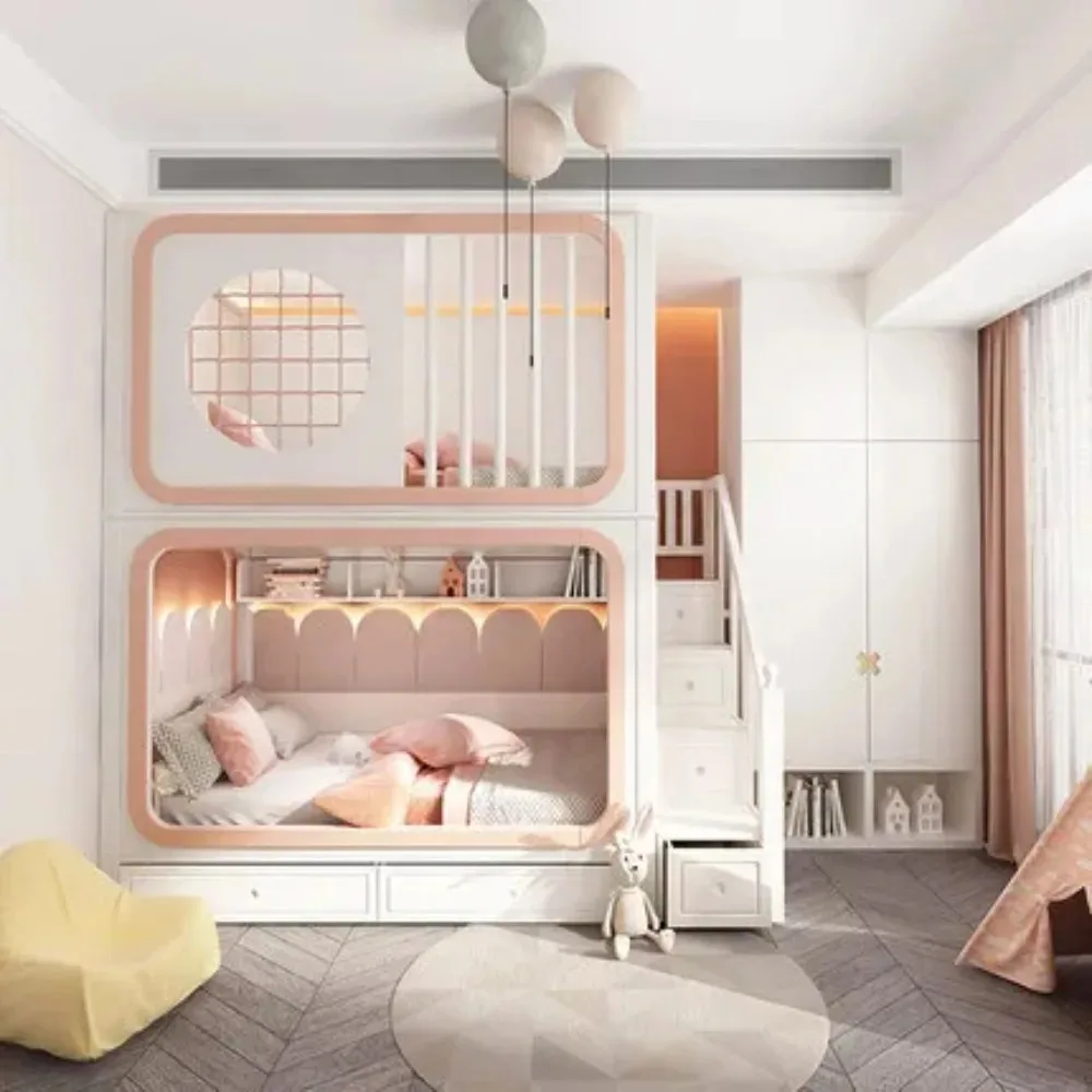 

Full solid wood children's bed High guardrail up and down Bunk bed Two bunks Girl Princess Castle Treehouse