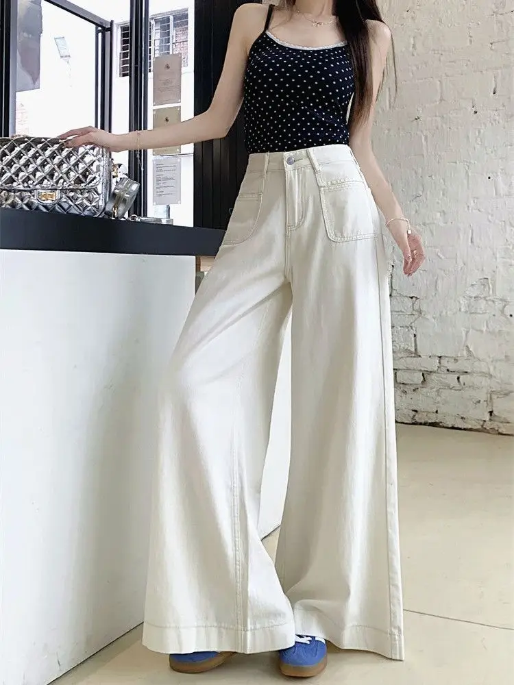 

White Wide Leg Jeans, Women's High Waisted Loose Straight Leg Pants With A Hanging Sensation, Floor Length Pants