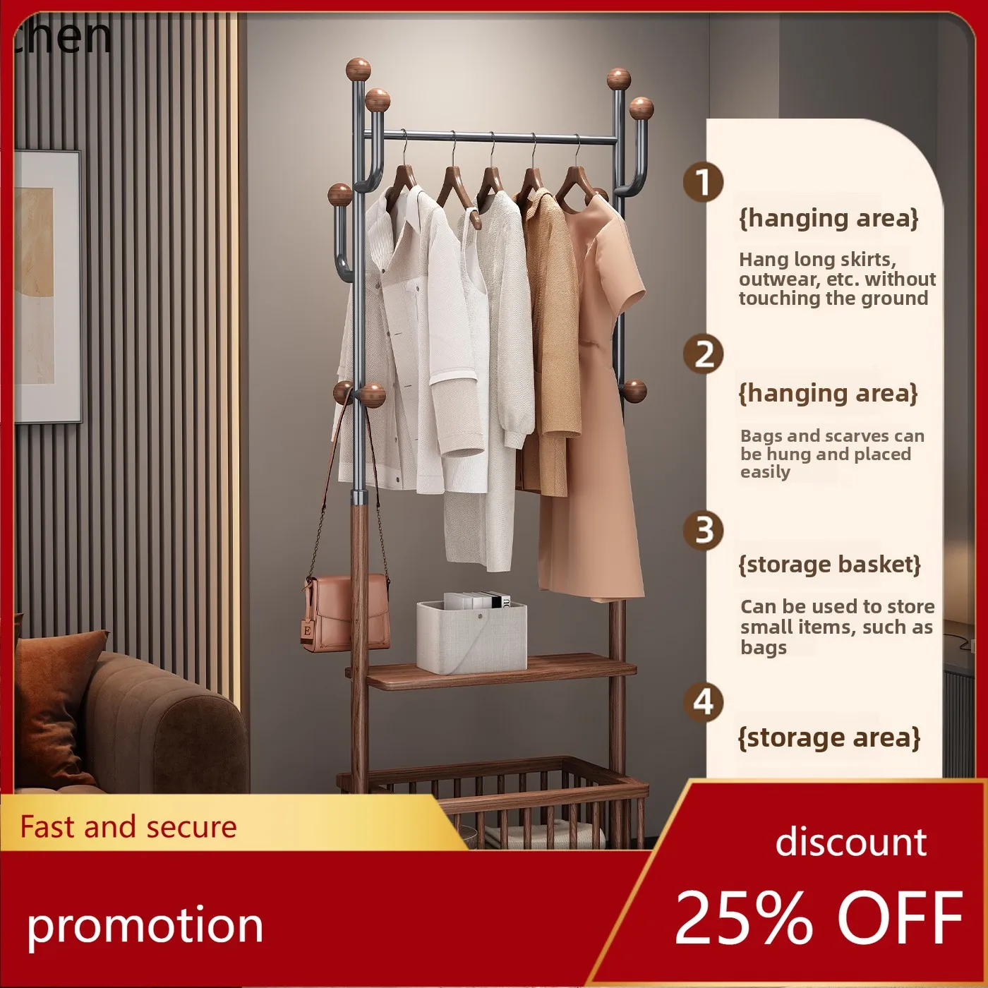 LXC Floor-standing Coat Rack Bedroom Storage Hanger with Integrated Dirty Laundry Basket and Bedside Cabinet Clothes Rack