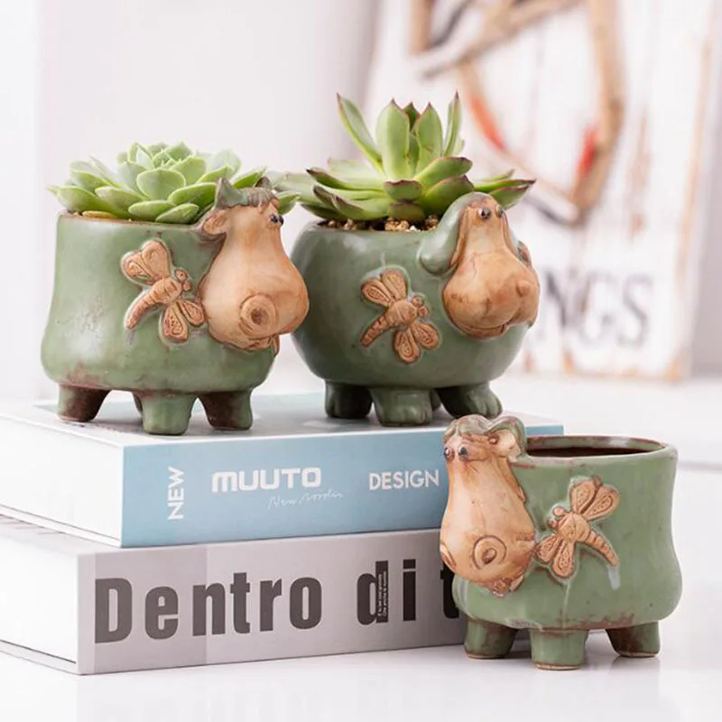 Creative Animal Succulent Plant Pot Cactus Bonsai Pot Flowerpot Vase Bottom with A Hole Suit for Office Home Garden Decor