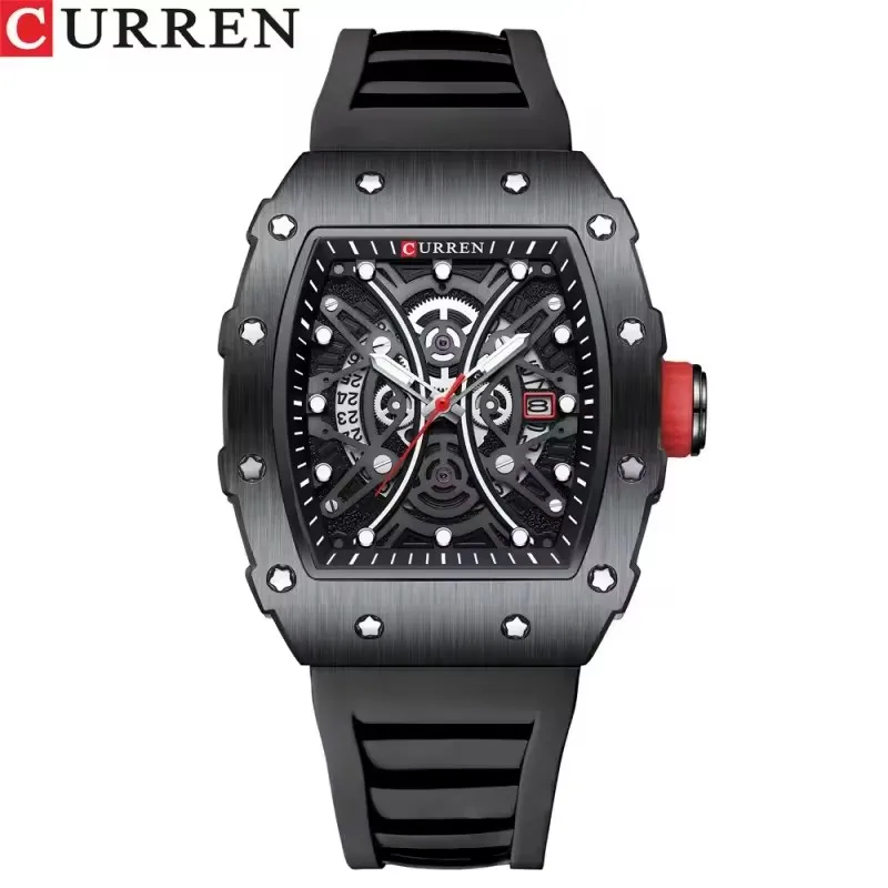 

CURREN 8438 Fashion Men's Watch Quartz Waterproof Wine Bucket Calendar Luminous Silicone Strap Sports Design Watch reloj hombre