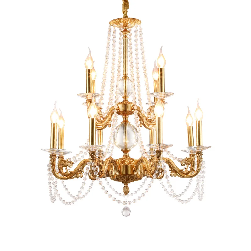 

French Royal Brass Crystal Chandelier Living Room Villa Hotel Lobby Suspension Chandelier Copper Tiered Luxury Pendant Light