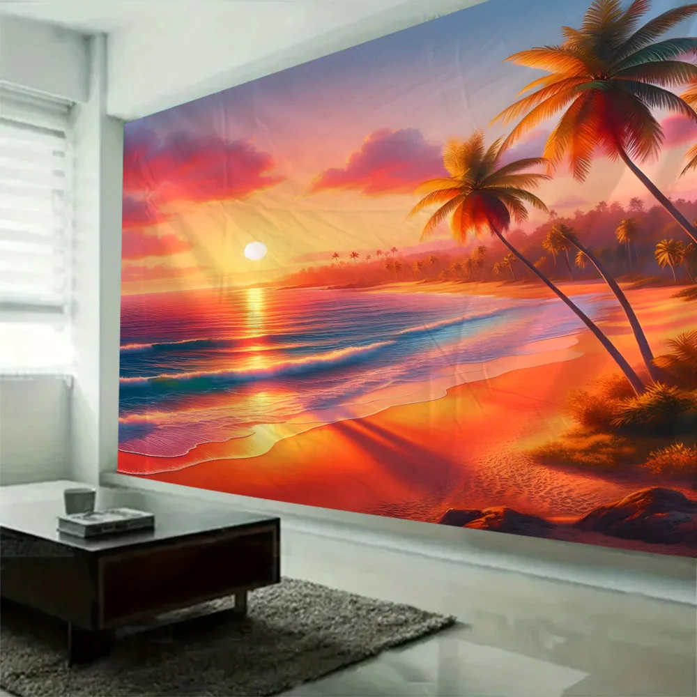Dreamy Landscape Tapestry Wall Hanging - Sunrise Beach with Coconut Trees Home Living Room Bedroom Wall Decoration Background Cl