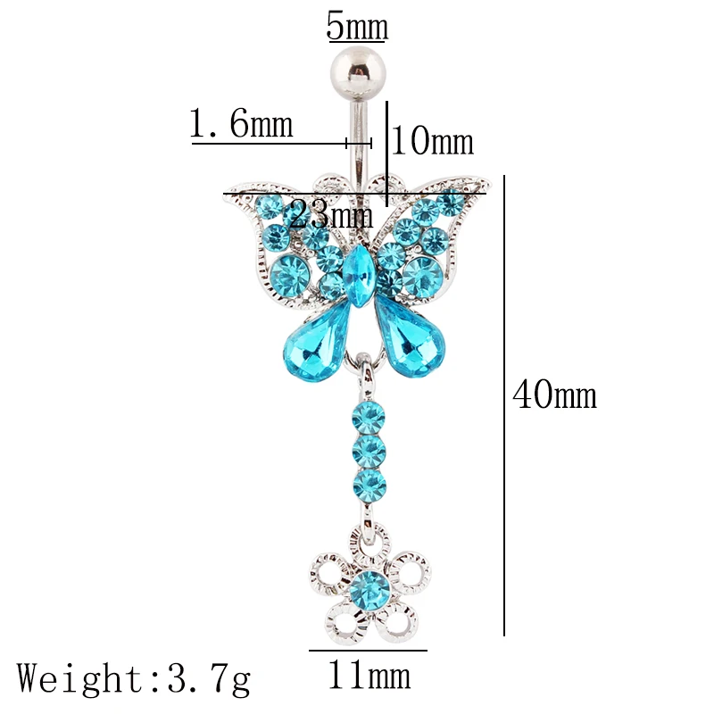 Rhinestone Blue Butterfly Belly button ring Woman Fashion Body piercing Navel ring jewelry  14G 316L Surgical steel Bar TAIERS