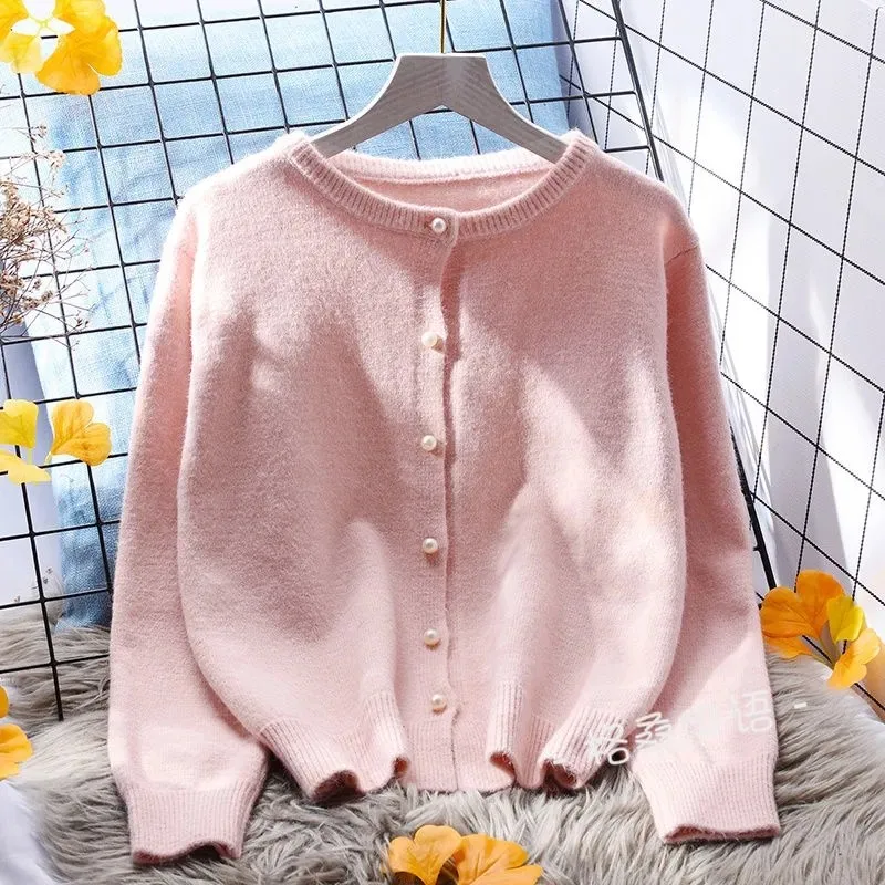 

Pearl Buckle Solid Knitted Cardigans Women Spring Autumn O-Neck Long Sleeves Sweater Coats Gentle Sweet All-matched Tops