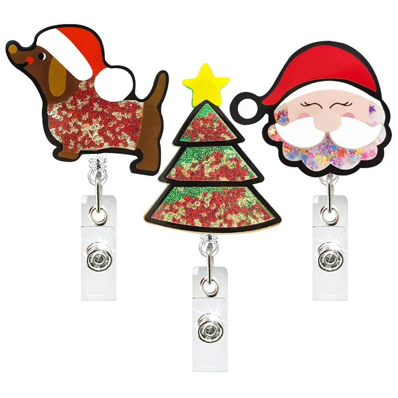 Christmas Acrylic Quicksand Dog Santa Claus Christmas Tree Glitter Gingerbread Man Rotating Retractable Badge Reel Badge Holder