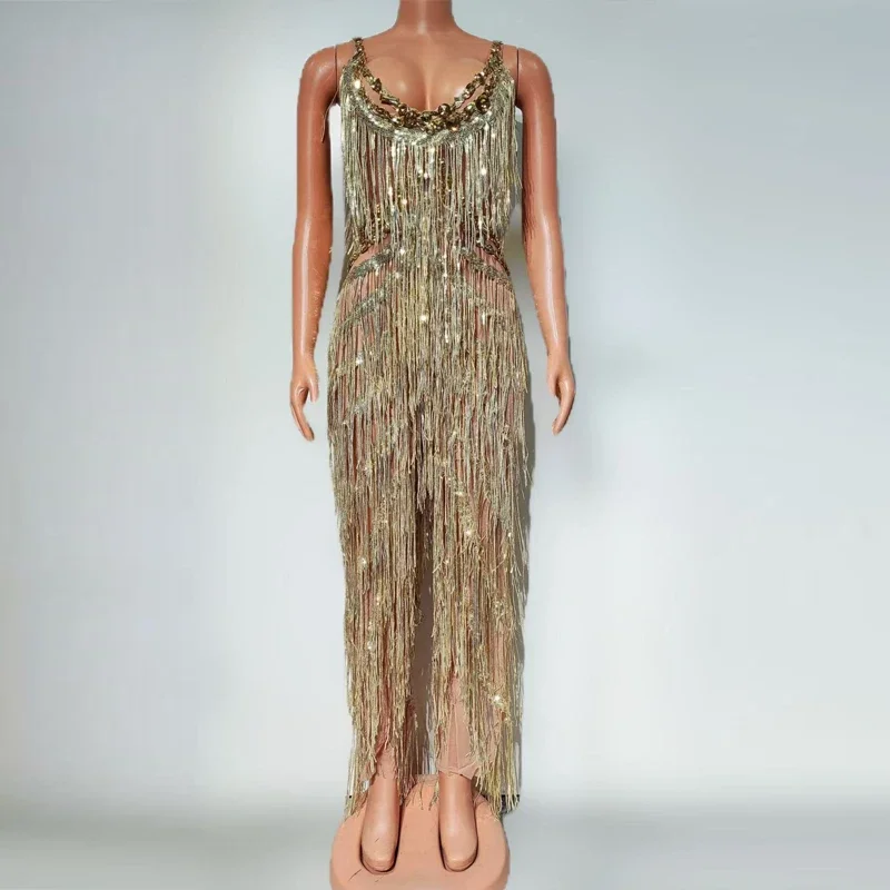 Drag Queen Outfit Gold Strass Vollfransen Overall Frauen Sexy Gogo Tänzerin Kostüme Bühne Dj Ds Pole Dance Clubwear