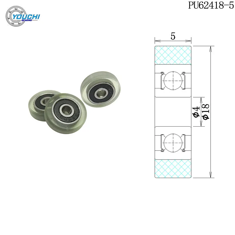 5pcs PU Coated Roller 4x18x5 PU62418-5 Cash Register Polyurethane Pulley 4*18*5 Vending Machine Mute Guide Wheel 18mm Diameter