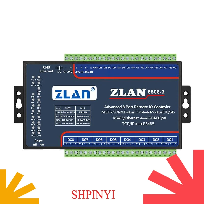 remote IO module switch to Ethernet module 8 analog data acquisition 8 digital switching input/output module ZLAN6808-3