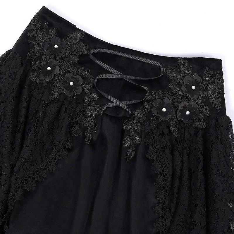 Falda asimétrica de encaje con volantes negros de Lolita gótica Vintage para mujer, falda de fiesta Medieval Steampunk de cintura alta, disfraces