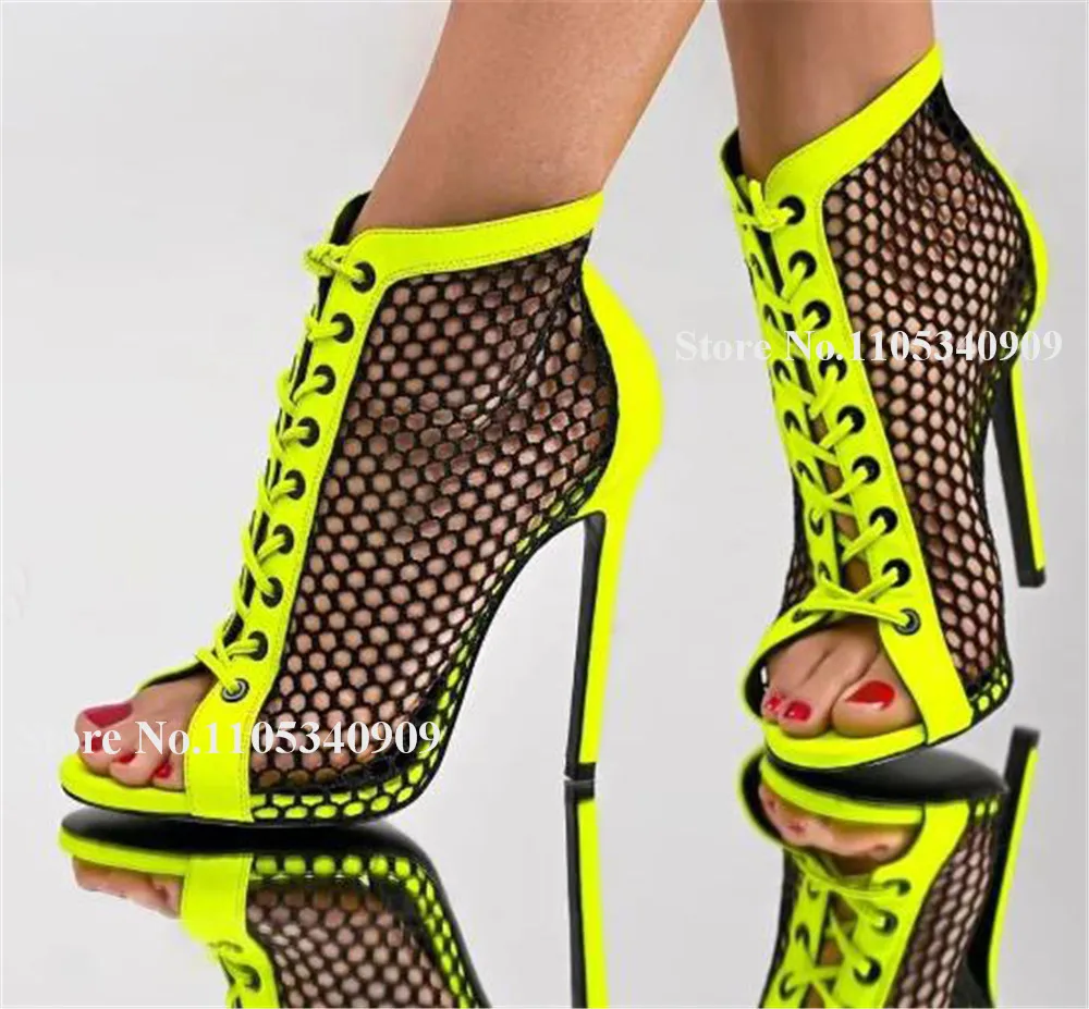 Bondarenko Black Mesh Patchwork Stiletto Heel Short Boots Peep Toe Pink Yellow Lace-up Thin Heel Party Dance Shoes