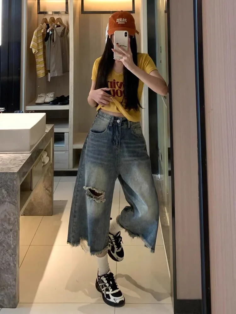 Summer Women's Fringe Hole Design Wide-leg Denim Shorts High Waist Half Trousers Unisex Calf-length Pant Female Retro Streetwear