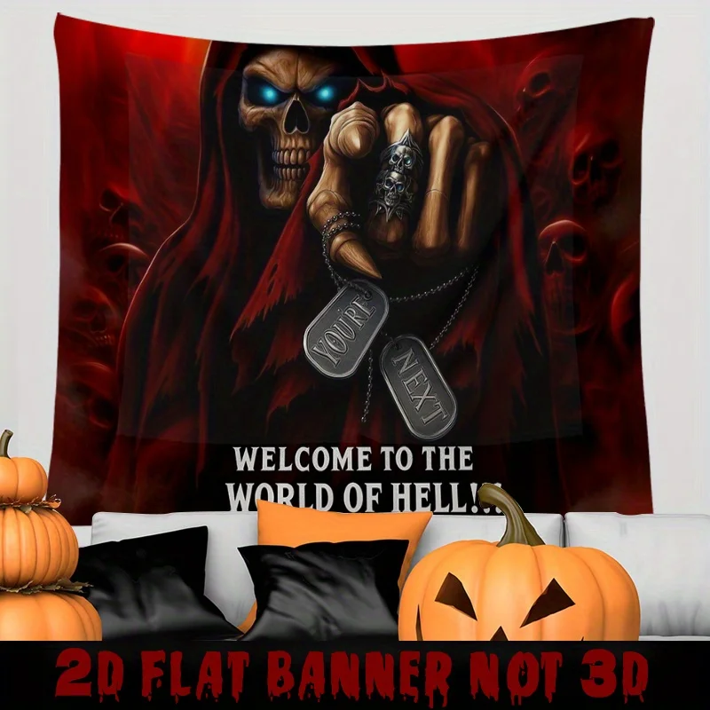 Horror Hell Skeleton with Dog Tag Tapestry - Red Black Heavy Metal Wall Hanging for Halloween, Haunted House, Gothic Room Decor