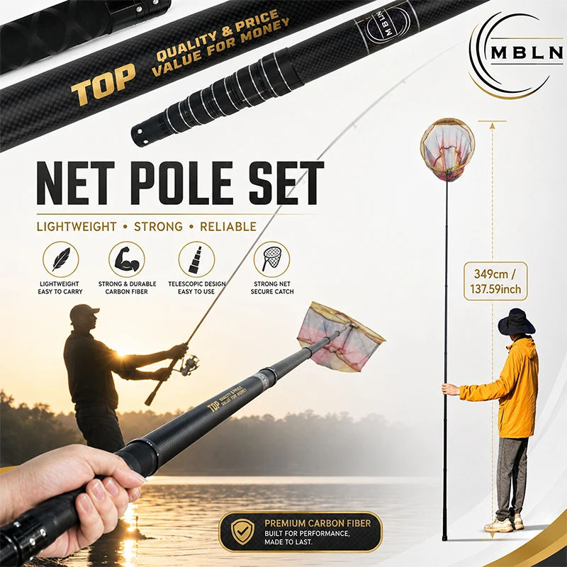 349cm Teleskopisches Kohlefaser-Fischlandungsnetz-Set, Weicher Anti-Tangle-Netzstoff, Schnellverschluss, Leichter Tragbarer Stab – Detail 1