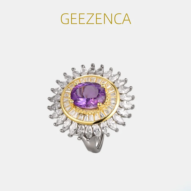 

GEEZENCA Amethyst 925 Sterling Silver Luxury Rings Women Zircon Natural Stone Sunflower Classic Court Style Ring 2023 New Gift