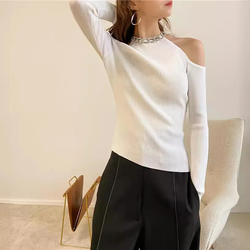 

2216 Fan Internet Celebrity Same Style Black Diamond Chain Off-Shoulder Sneaky Sexy Slim Fit Slimming Knitted Top Inner Wear