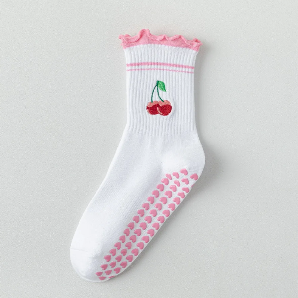 

New Cotton Pilates Socks Harajuku Street Sweat-absorbent Yoga Socks Casual Non-Slip Grip Cherry Embroidery Socks