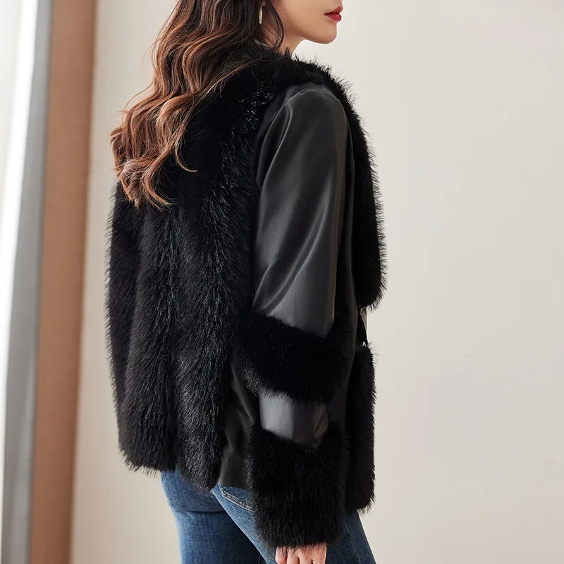 new casual fur jacket winter ladies loose spliced pu leather jacket