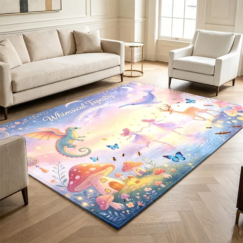 Whimsical Fairy Tale Dragon Mushroom Area Rug Starry Sky Butterfly Print Large Floor Mat for Fantasy Art Home Decor Area Rug