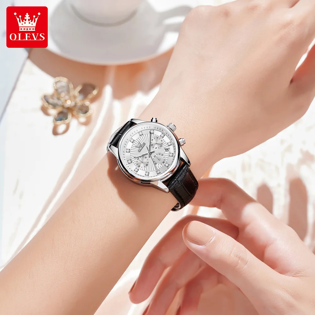 OLEVS Fashion Chronograph Women Watch Top Brand Luxury Leather Strap Waterproof Sport Quartz Watches For Women Date Watch Montre