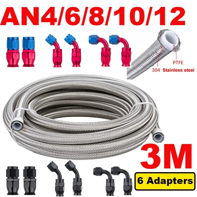 3M 10FT AN4/6/8/10/12 PTFE Stainless Steel Braided Fuel Gas Oil Line Hose Assembly 0+45+90 Degree + 6pcs End Fitting Adapters