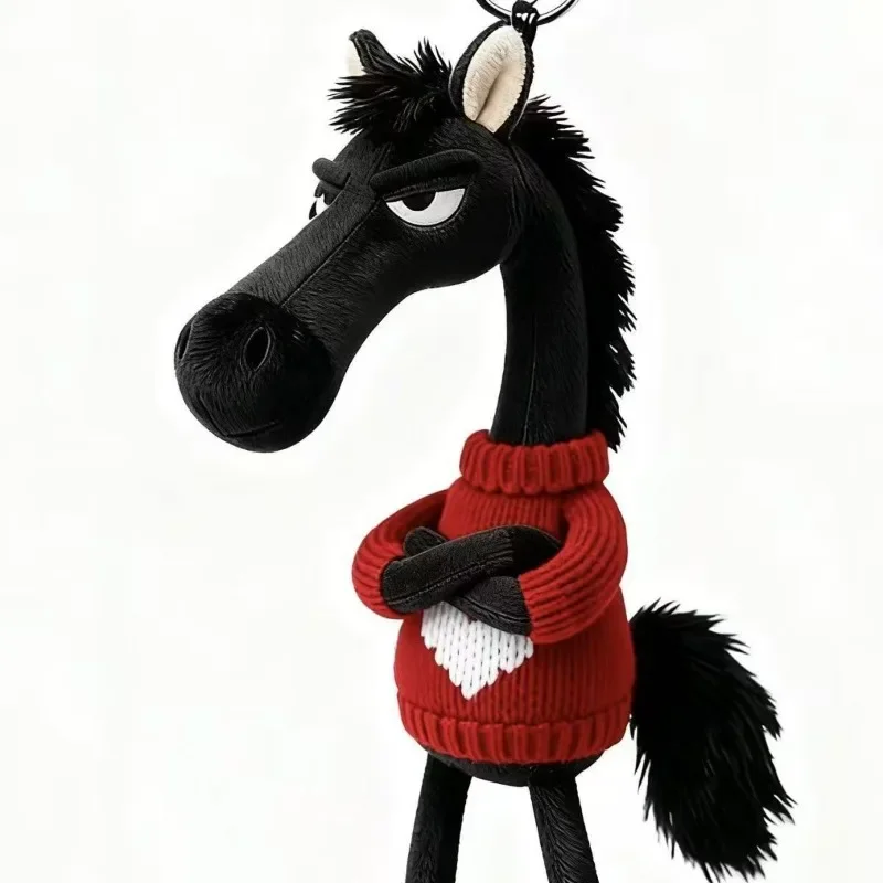 Cute Angry Black Horse Plush Keychain with Sweater Cartoon Animal Bag Charm Soft Stuffed Doll Pendant