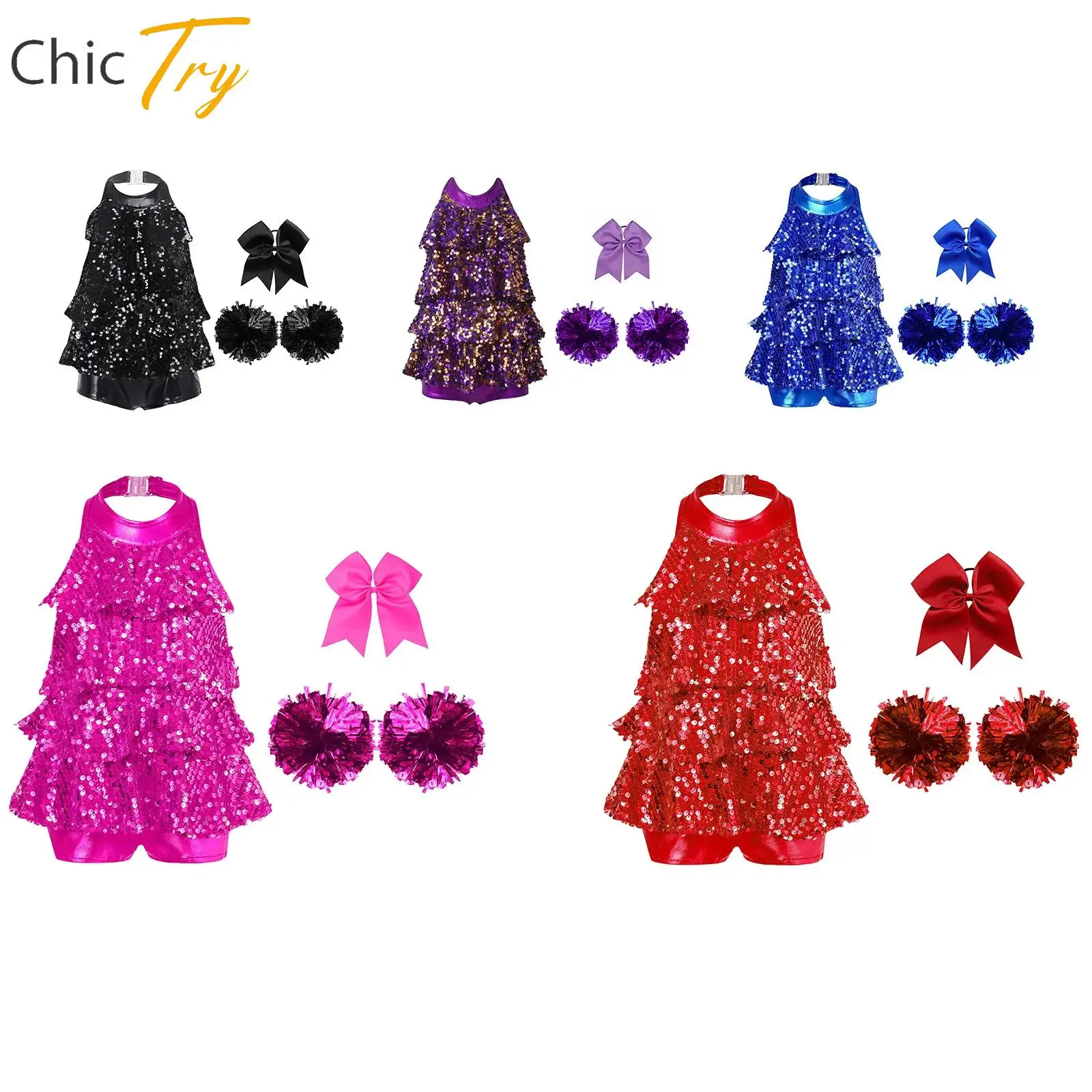 

Kids Girls Cheerleading Dance Modern Jazz Latin Chacha Dancing Costume Halter Shiny Sequins Ballet Dance Unitard Dress Dancewear