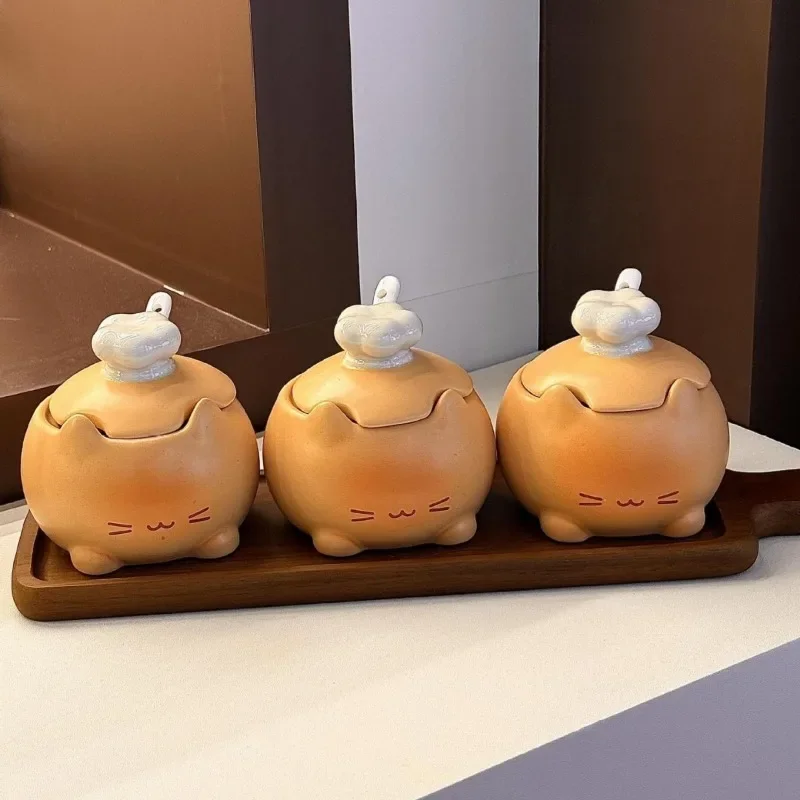 Cartoon Cat Ceramic Salt Shaker 10.5cm,Underglaze Caramel Design Sugar Spice Jar,Cute Kitchen Dining Table Decor, Gift for Women