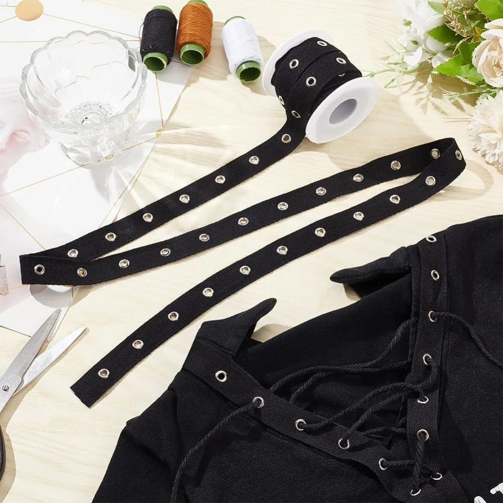 6.25 Yards Black Cotton Grommet Eyelet Twill Tape Trim 3/4 inch Wide Silver Metal Eyelet Ring Ribbon Strip for Sewing Crafts view 5