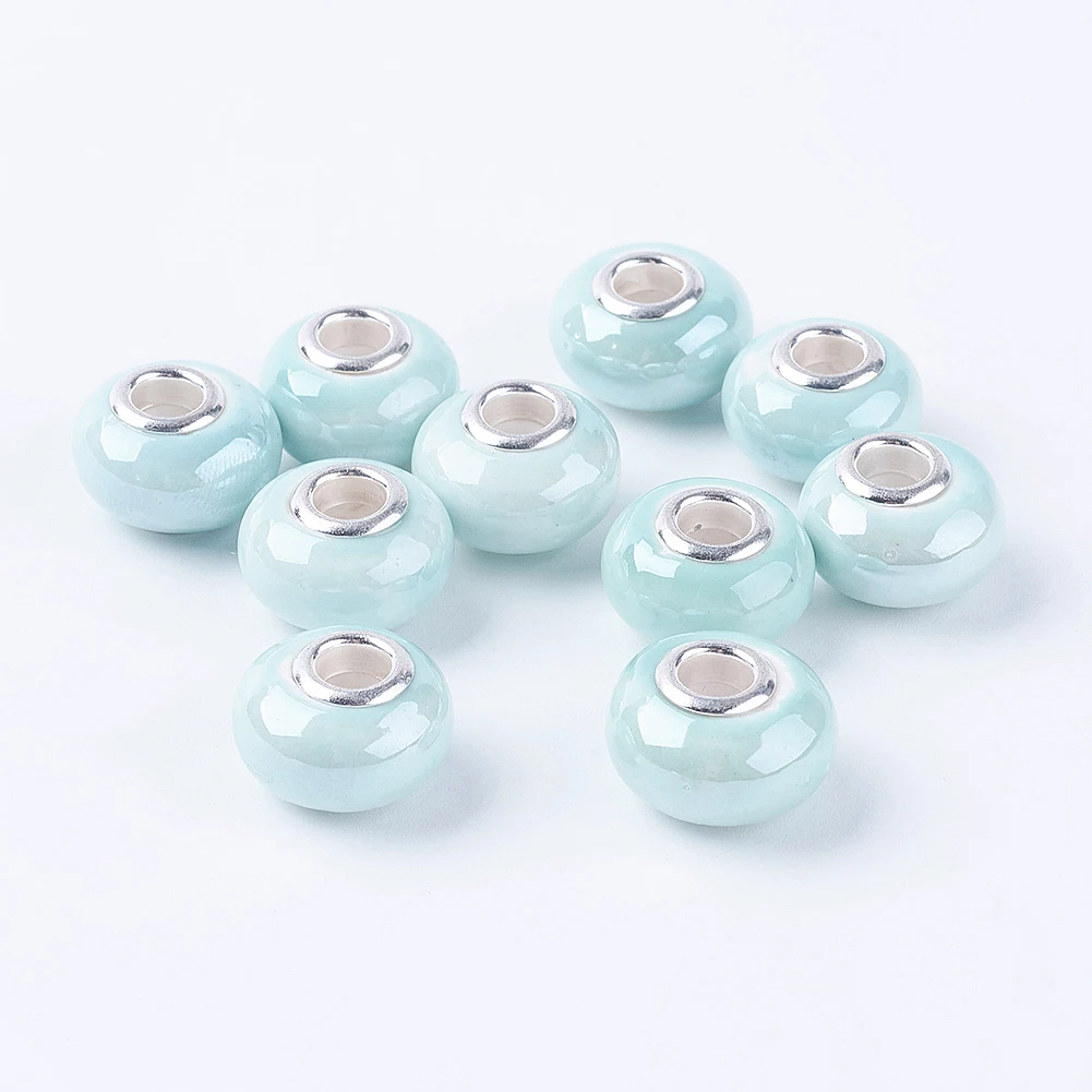 

9-10pcs Rondelle Turquoise Handmade Porcelain Large Hole European Beads with Silver Color Brass Double Cores for DIY Jewelry