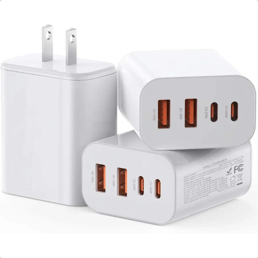 

USB C Charger Block 3Pack 40W Wall Plug Fast Charging Block 4Port PD + QC Power Adapter Type C Charging Blocks Cube Compatible