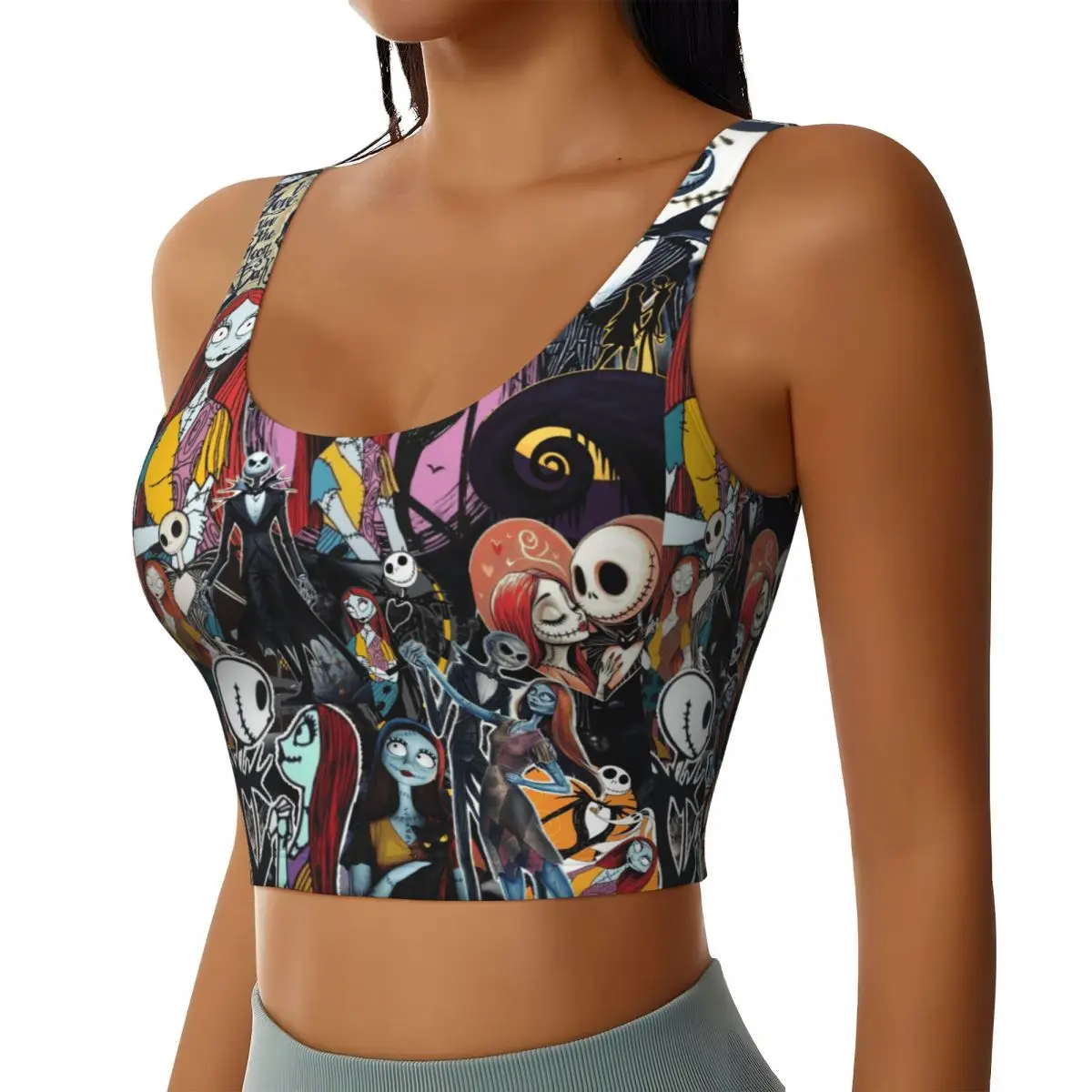 Custom Women Nightmare Before Christmas Anime Manga Sports Bras High Impact Gym Workout Yoga Crop Tank Tops