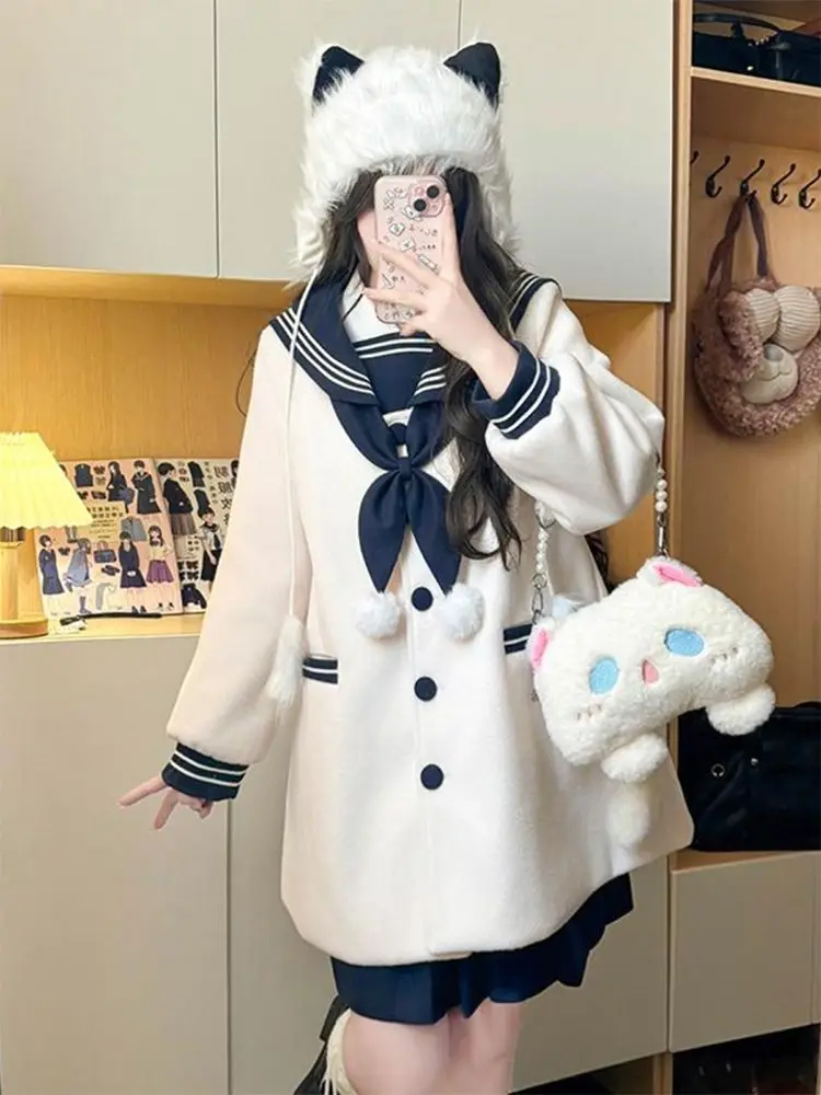 Autumn and Winter JK Uniform Woolen Pink White Coat Suit Sweet Bowknot Navy Collar Jacket Niche Design Pleated Skirt Sets view 2