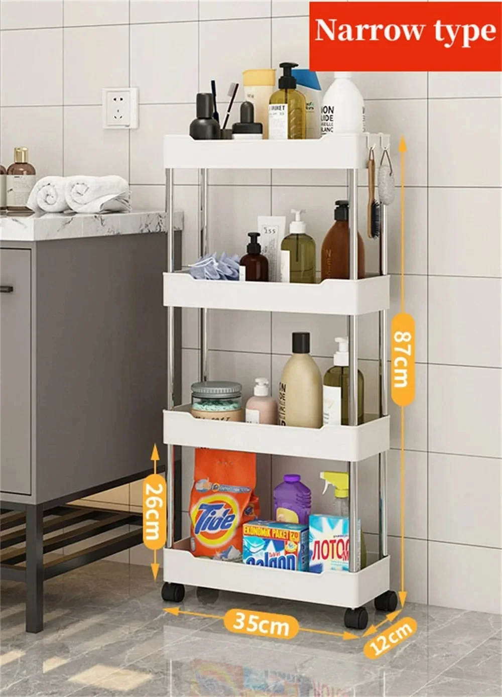 1pc 3/4 Tier Rolling Storage Cart High Capacity Storage Shelf Movable Gap Storage Rack Kitchen Bathroom And Livingroom Organizer