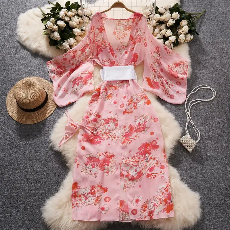 女性のための日本の桜柄の着物,透明な花びらの袖のドレス,セクシーでカジュアルなバスローブ,不規則なロングブラウス,新しい