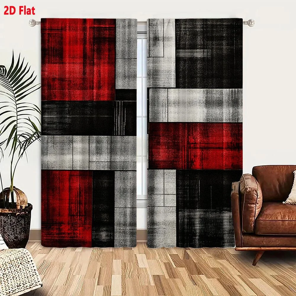 2Pcs Curtains 2D Flat Geometric Abstract Composition With Red Black And Gray Rectangular Blocks Featuring Distressed Metal Textu