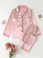 Women Autumn Winter Silk Pajamas Set Casual Soft Breathable and Relaxed Fit Long Shirt Tops and Long Pants Sleepwear