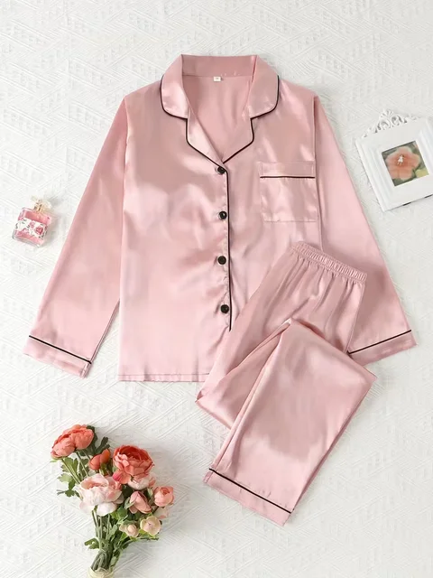 Women Autumn Winter Silk Pajamas Set Casual Soft Breathable and Relaxed Fit Long Shirt Tops and Long Pants Sleepwear