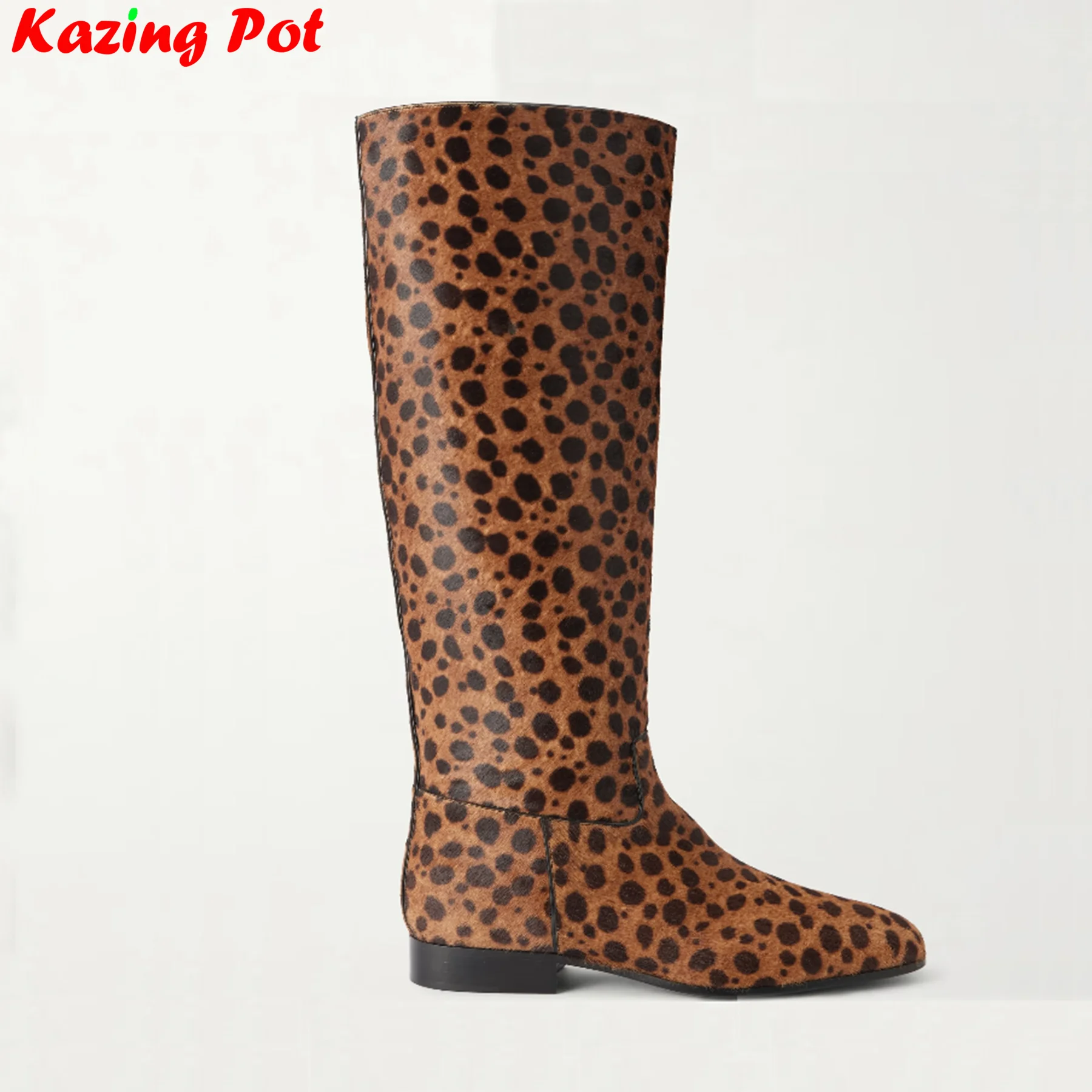 Plus Size Leopard Horsehair Round Toe Riding Boots Dating Autumn Winter Shoes Concise Casual Luxury Brand Women Knee-high Boots