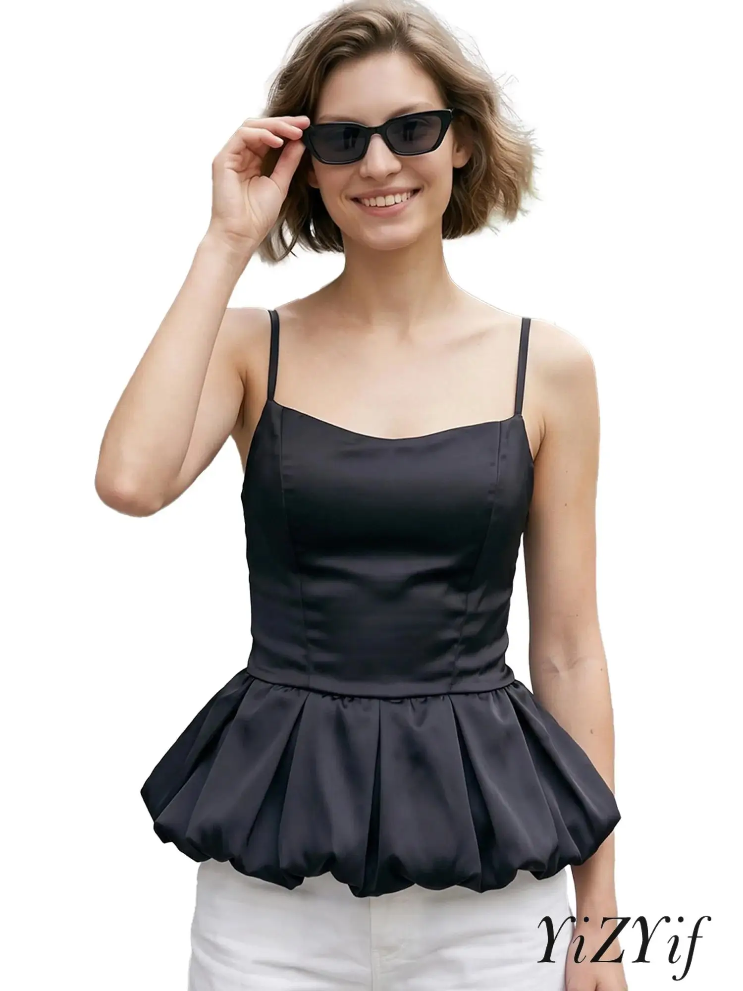 Women Casual Solid Color Camisole Adjustable Spaghetti Straps Ruffled Pleated Peplum Tank Top Sleeveless Blouse Casual Costume
