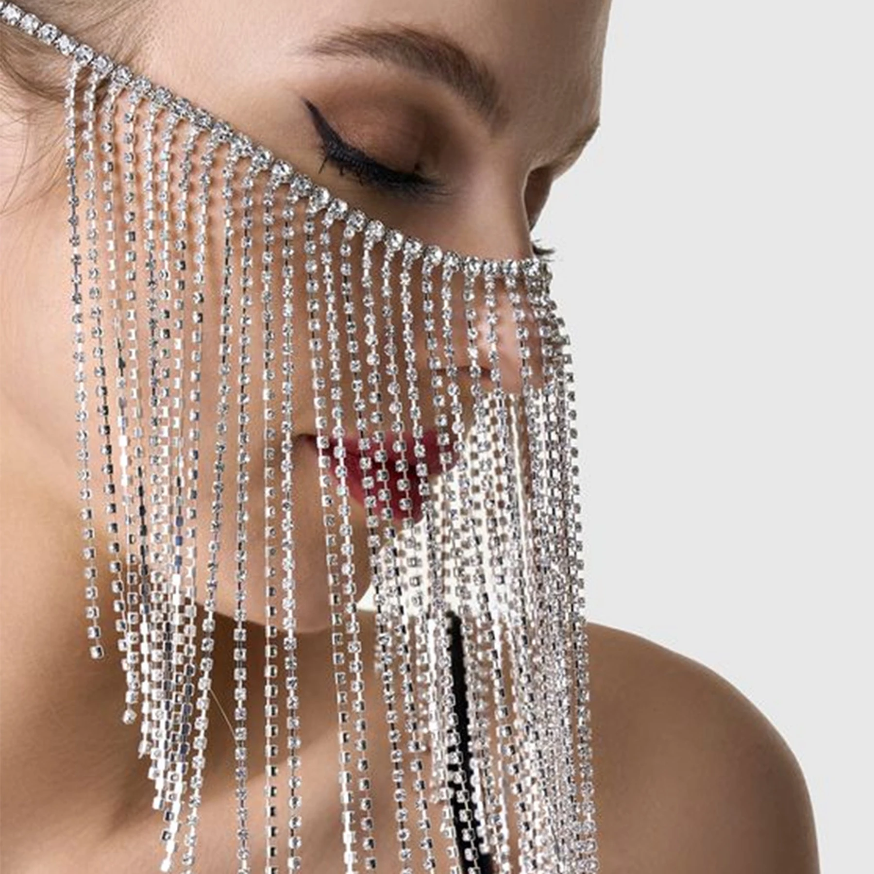 Trendy Triangle Multi-layer Rhinestone Chains Tassel Jewelry Mask Sexy Personalized Nightclub Banquet Party Women's Face Chain