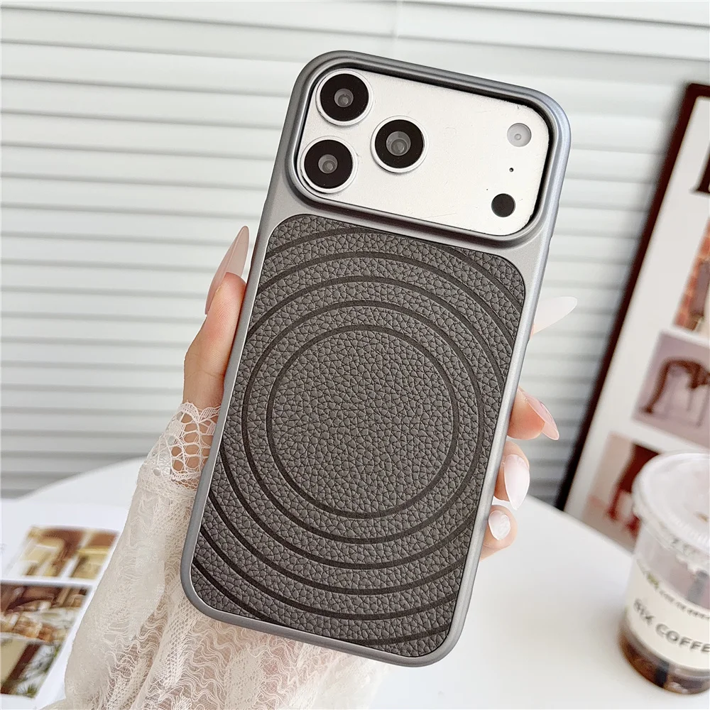 Luxury Lichee Leather Pattern ring-shaped magnetic Phone Case For iPhone 17 16 15 14 13 12 Pro Max Camera Protection Cover