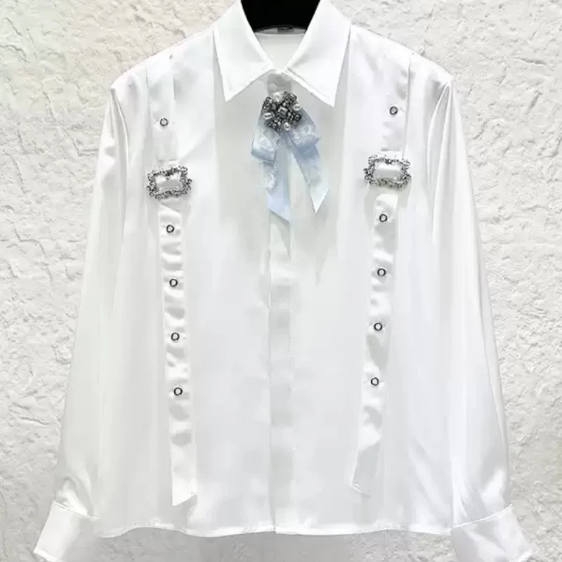 

Advanced Luxury Fashionable French Bowknot White Long Sleeve Shirts For Man Personality Spliced Straps Design Drape Tops
