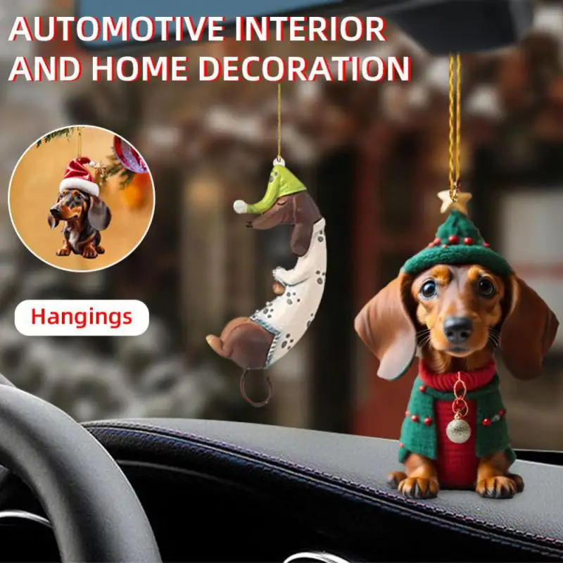 New Christmas 2D Fun Dachshund Dog Pendant Car Rearview Mirror Pendant Car Interior Accessories Christmas Tree Decor For Party